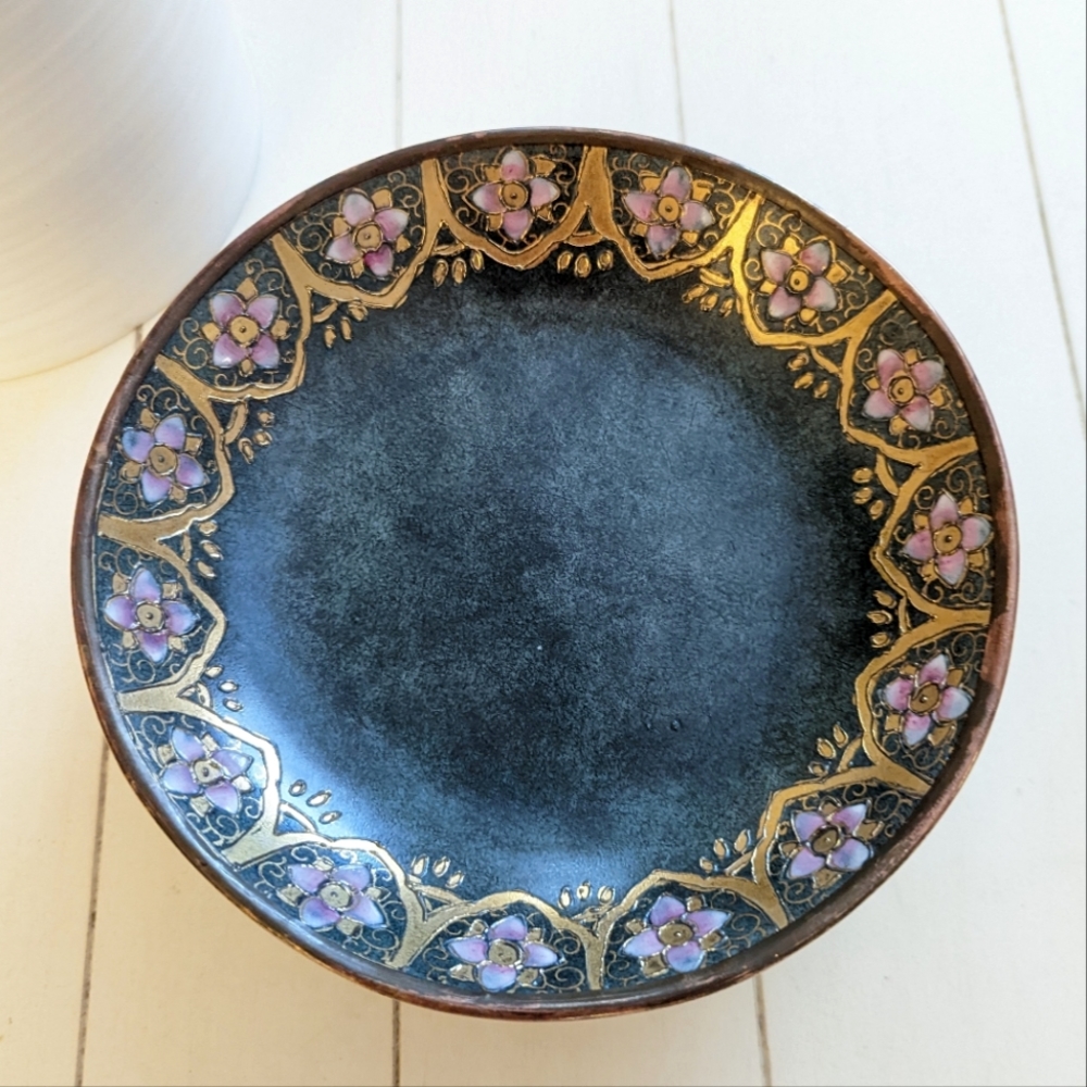 Vintage hand painted plate encased in brass by Toyo Japan